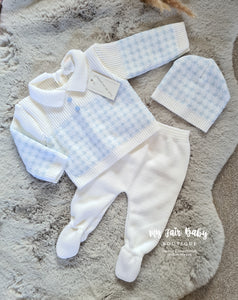 Spanish Baby Boys White & Blue Knitted 3PC Set ~ 0-3m