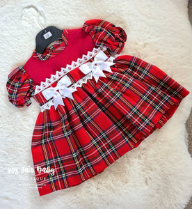 Traditional Girls Red & White Tartan Christmas Bow Dress - 3-18m