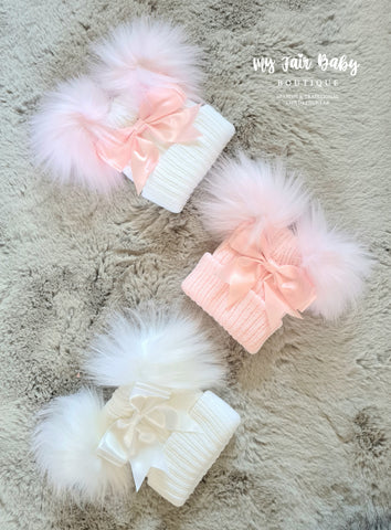 Traditional Baby Girls Bow & Fur Pom Pom Winter Hat - 0-3 months