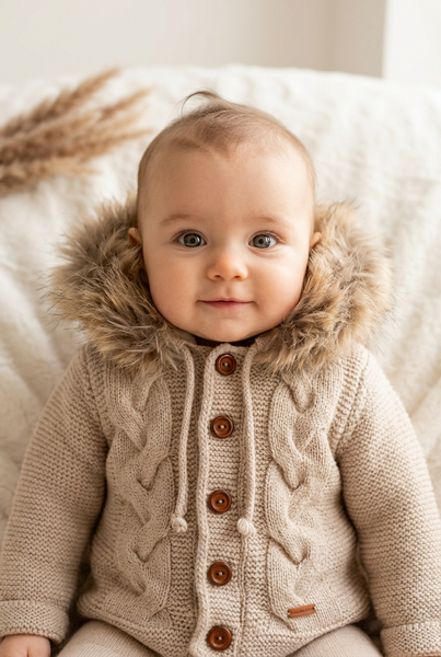 Spanish Baby Boys Beige Knitted Coat With Fur Hood - 6-9m