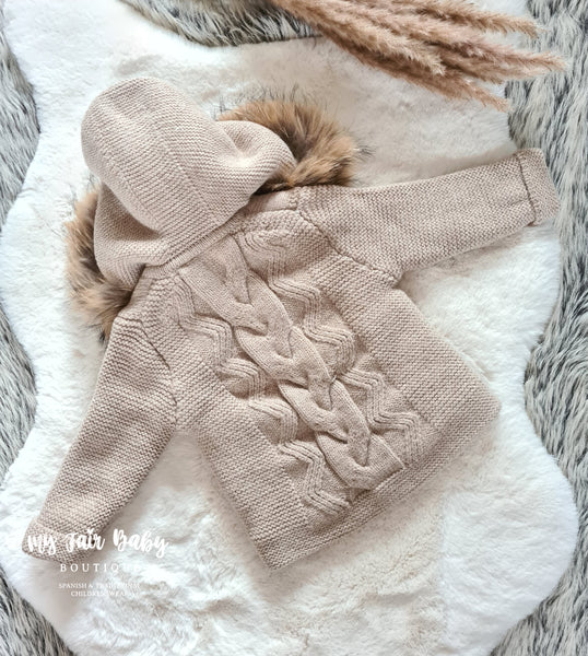 Spanish Baby Boys Beige Knitted Coat With Fur Hood - 6-24m