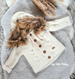 Spanish Chunky Knitted Cream Baby Coat/Jacket With Fur Hood