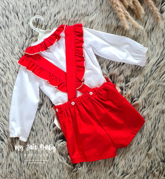 Wee Me Spanish Girls Red & Gold Smocked Dungarees MYD2378 - 12m-4y