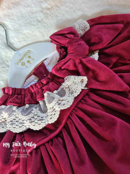 Valentina Bebes Baby Girls Wine Red Velvet Lace Dress & Pants KAX189 - 3-24m