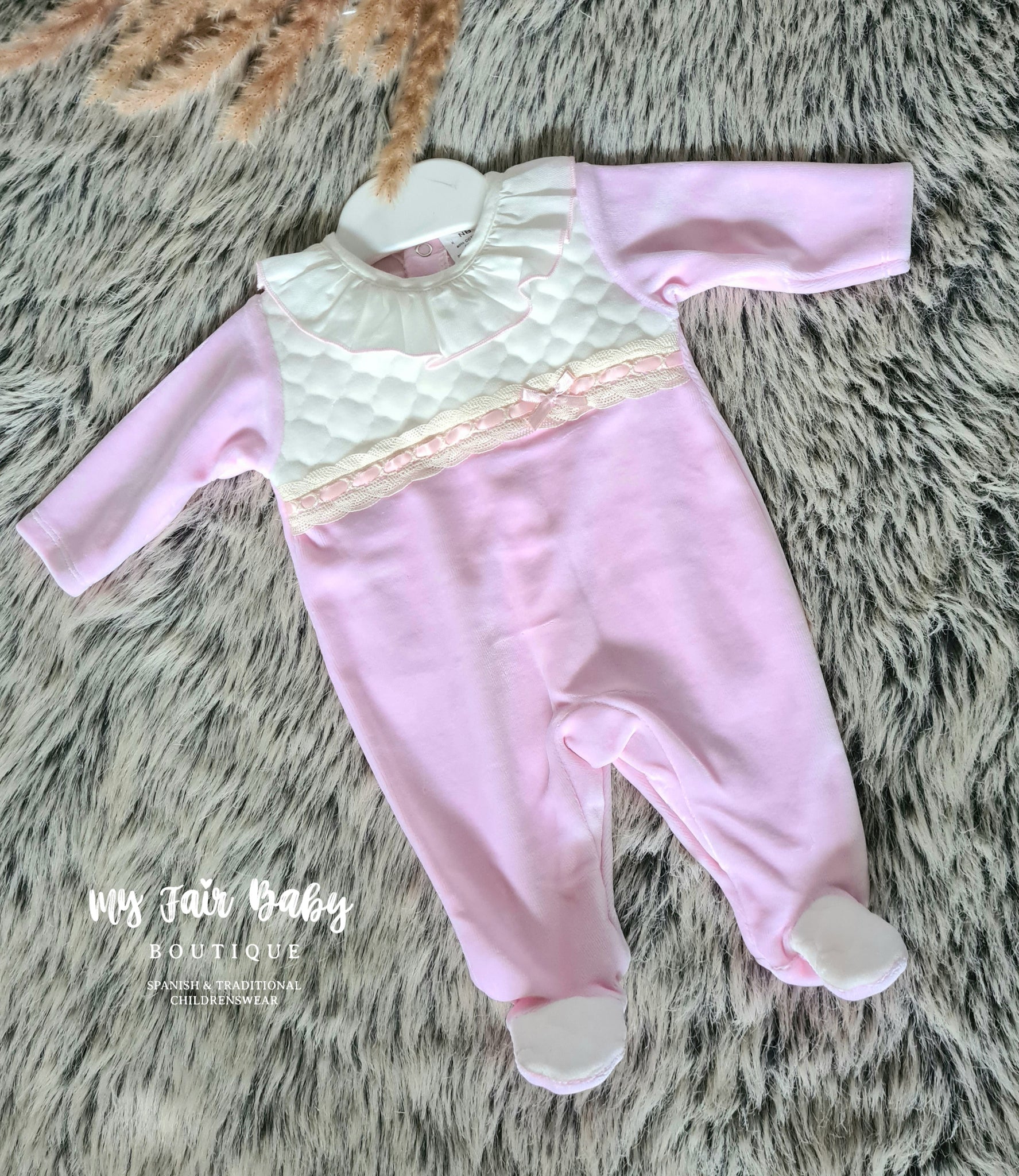 Spanish Baby Girls Pink & Cream Velour Sleepsuit/Babygrow
