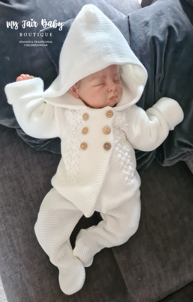 Spanish Unisex Baby White Chunky Knitted Jacket & Trouser Set - 6m