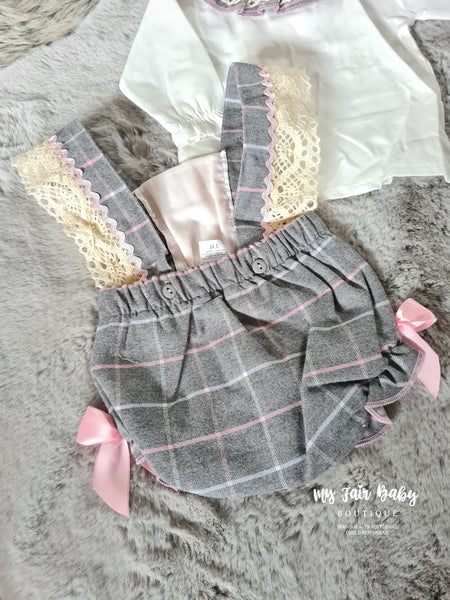 Spanish Baby Girls Grey & Pink Check Lace Romper M002 - 3-24m