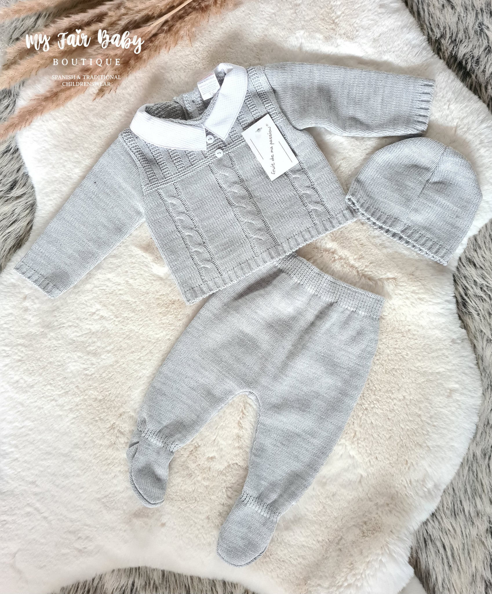 Spanish Baby Boys Grey Knitted 3PC Set ~ 0-3m