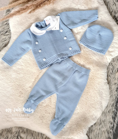 Spanish Baby Boys Blue Knitted 3PC Set ~ 0-3m