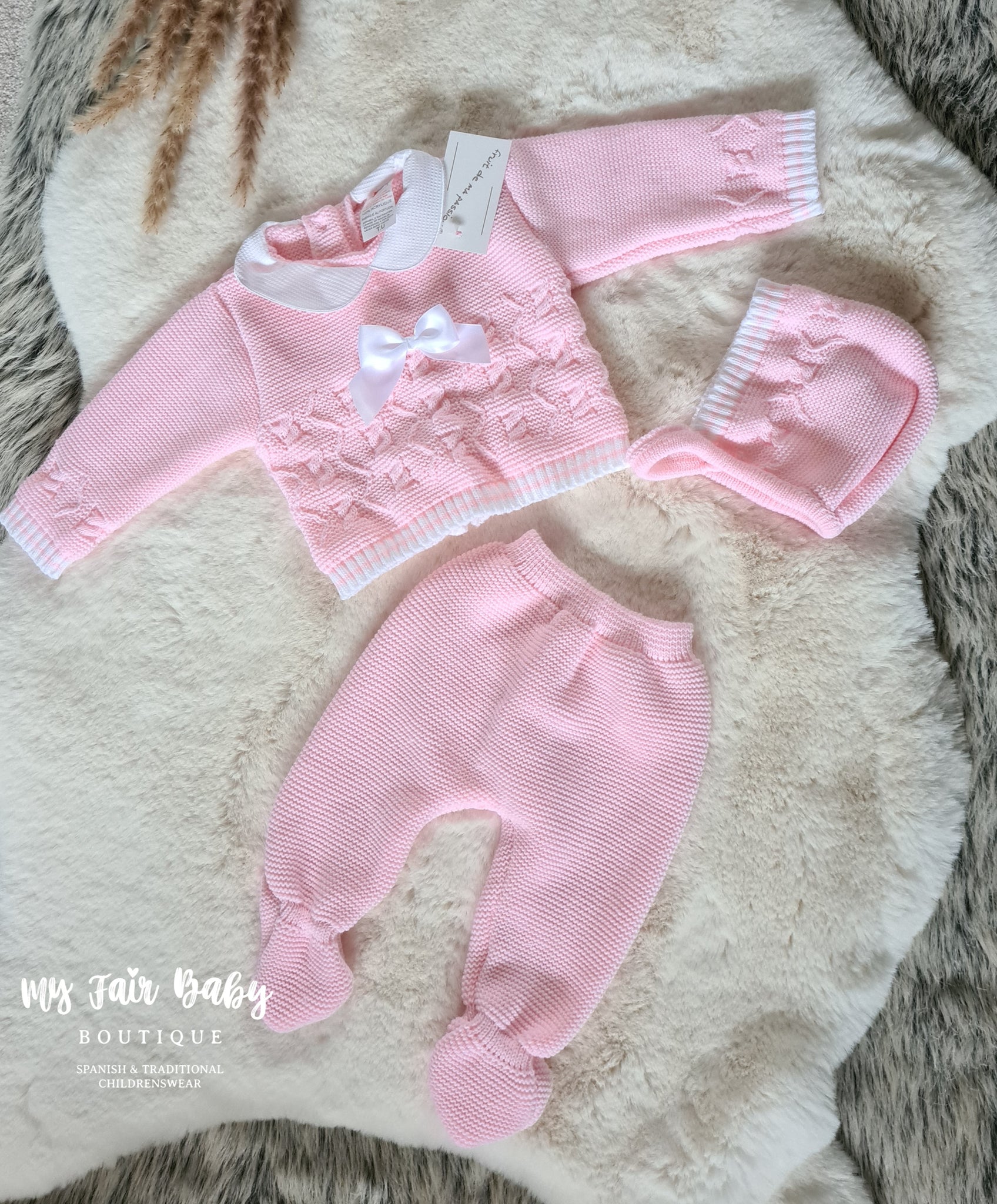 Spanish Baby Girls Pink & White Knitted 3PC Set ~ 0-3m