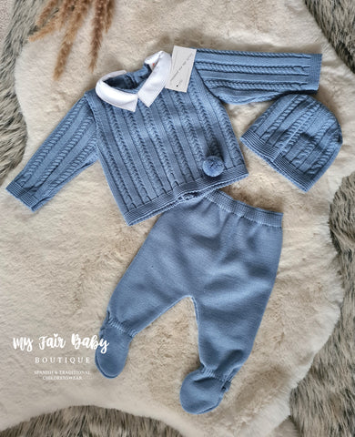 Spanish Baby Boys Cobalt Blue Knitted 3PC Set ~ 0-3m
