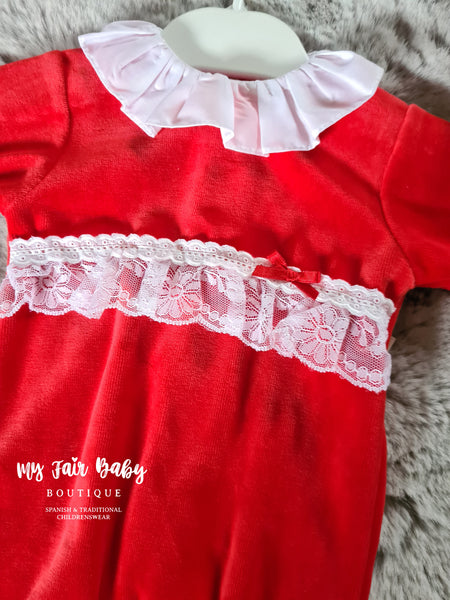 Spanish Baby Girls Red Lace Velour Sleepsuit/Babygrow - 1-6m