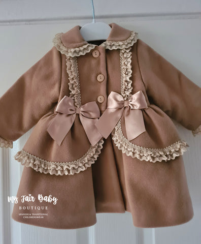 Spanish Baby Girls Camel Lace Trimmed Winter Coat C99 - 6-24m
