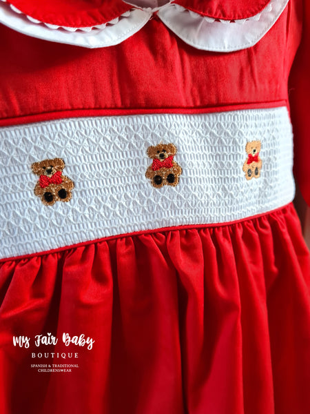 Traditional Baby Boys Red Smocked Teddy Bear Dungarees- 0-4y
