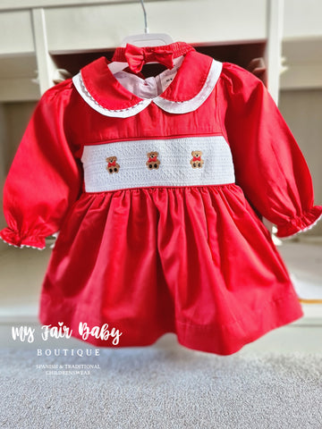 Traditional Girls Red Smocked Teddy Bear Dress