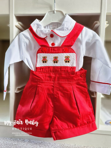 Traditional Baby Boys Red Smocked Teddy Bear Dungarees- 0-4y