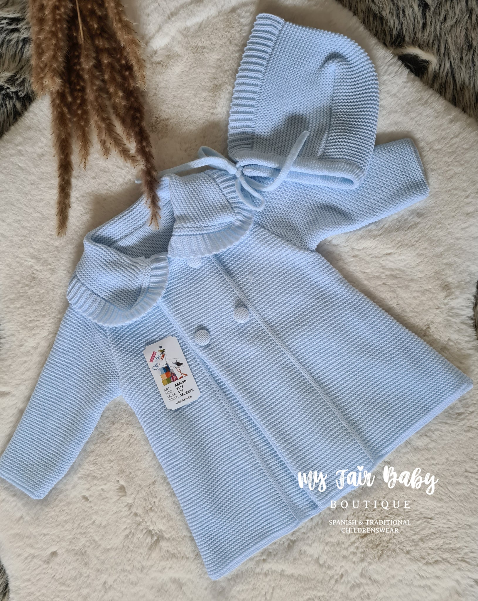 Spanish Baby Boys Blue Knitted Coat & Bonnet Set