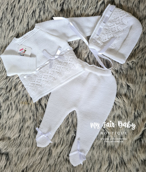 Traditional Spanish Unisex Baby White Knitted 3 Piece Set