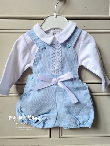 Spanish Baby Girls Blue Pique Bow Dungarees - NON RETURNABLE