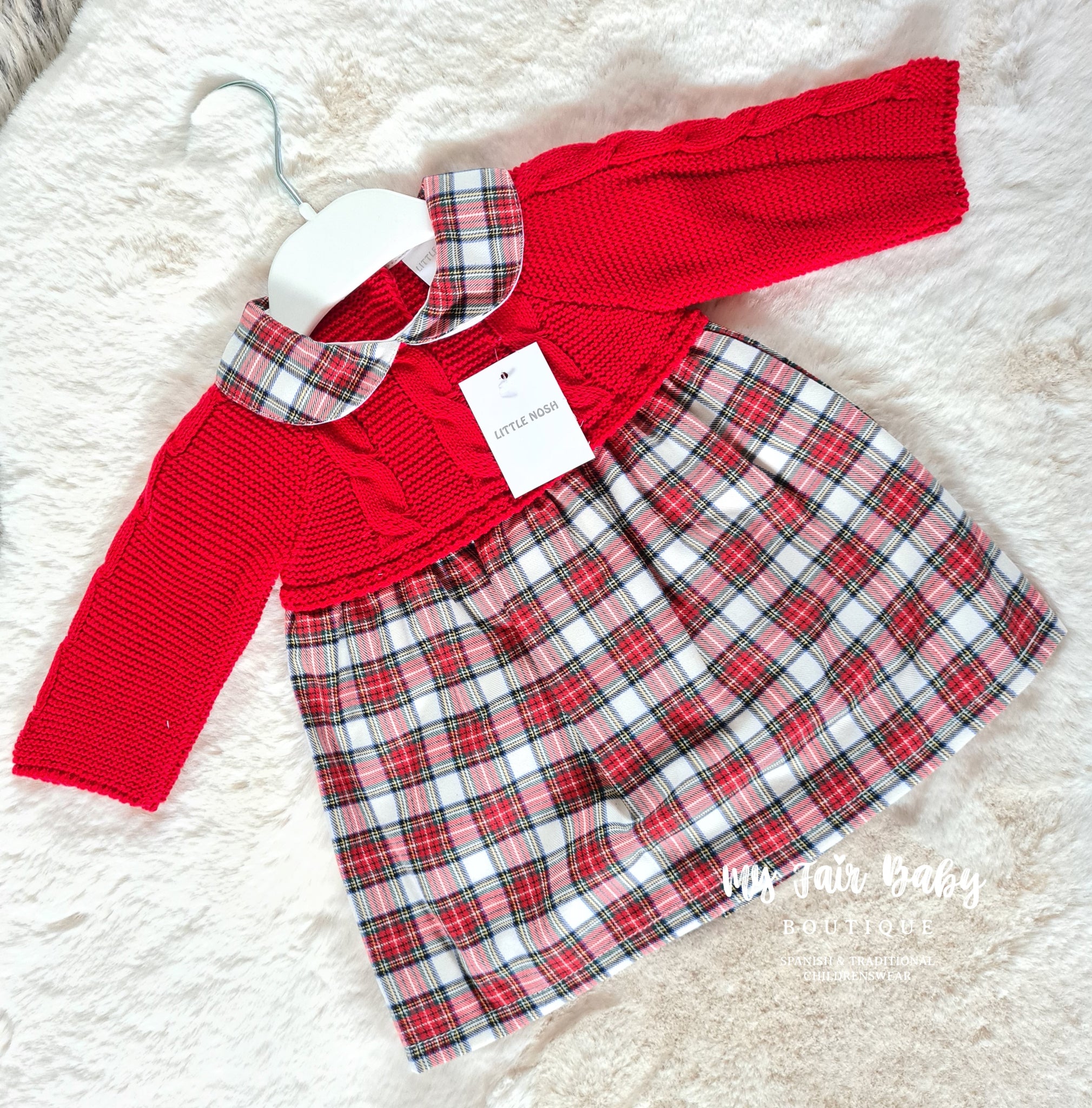 Traditional Baby Girls Red Tartan Half Knit Christmas Dress - 0-12m