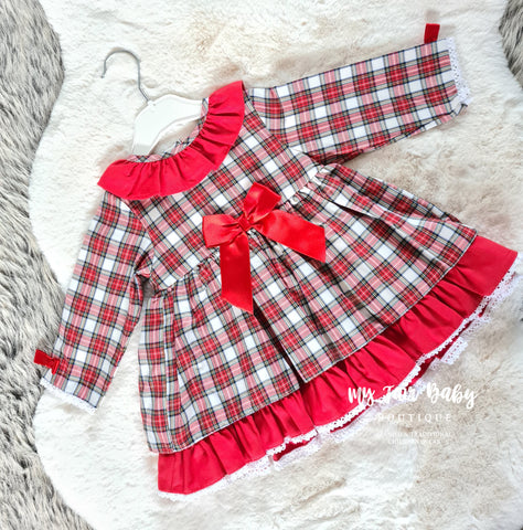 Spanish Baby Girls Red Tartan Waterfall Back Dress - 12 months