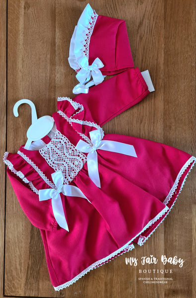 Spanish Baby Girls Red & White Waffle Dress & Bonnet Set - 3-36m