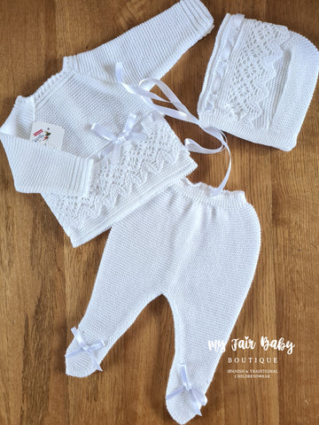 Traditional Spanish Unisex Baby White Knitted 3 Piece Set