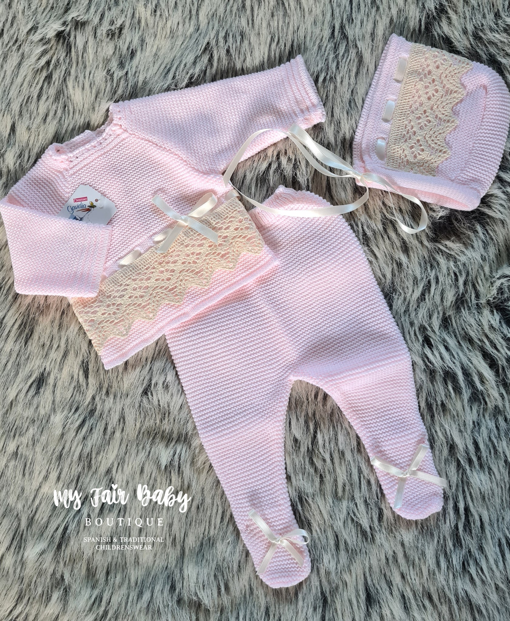 Traditional Spanish Baby Girls Pink & Beige Knitted 3PC Set