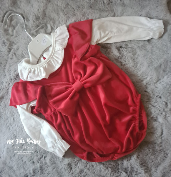Traditional Baby Girls Red Velvet Bow Romper Set