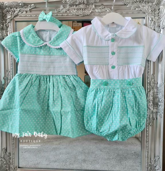 Spanish Girls Mint Green Polkadot Smocked Dress 4240 - 0-6y