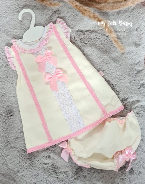 Spanish Baby Girls Cream & Pink Lace Dress & Pants