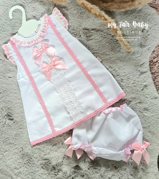 Spanish Baby Girls White & Pink Lace Dress & Pants