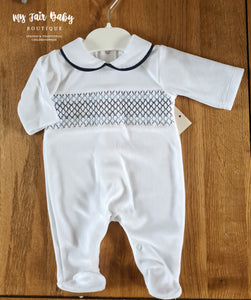 Spanish Baby Boys White & Navy Smocked Velour Sleepsuit/Babygrow