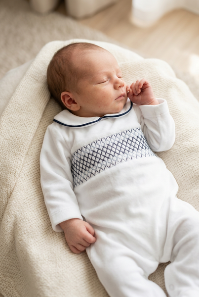 Spanish Baby Boys White & Navy Smocked Velour Sleepsuit/Babygrow ~ NB-6m