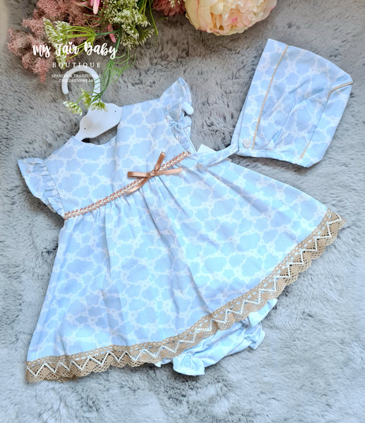Spanish BabyFerr Baby Girls Blue & Camel Cloud Dress Set 24136 ~ 3-12m