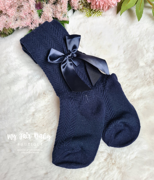 Spanish Style Girls Navy Bow Tights - 0-24m