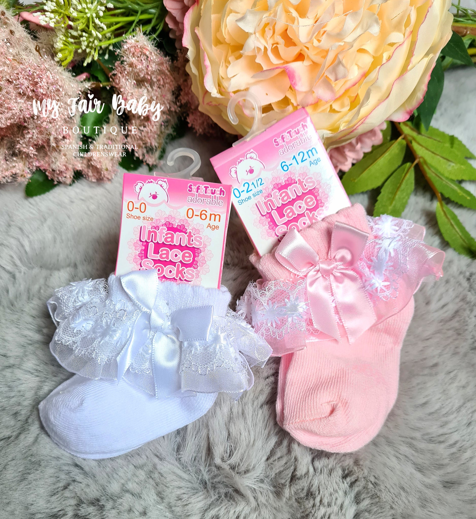Baby Girls Frilly Lace & Bow Ankle Socks - Pink or White