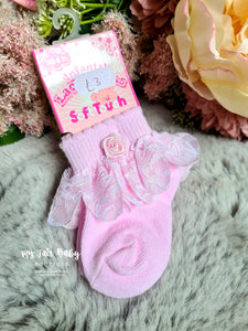 Baby Girls Pink Rosebud & Lace Frilly Ankle Socks
