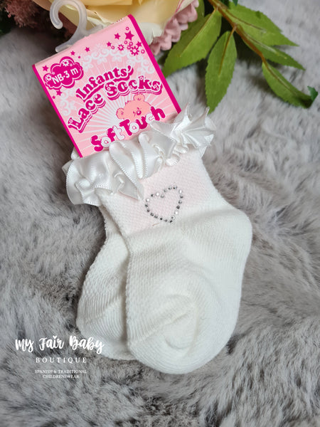 Baby Girls Frilly Ribbon & Diamantè Ankle Socks