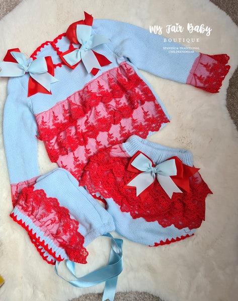 Ela Confeccion AW23 Spanish Baby Girls Blue & Red Knitted Jam Pant Set - MADE TO ORDER