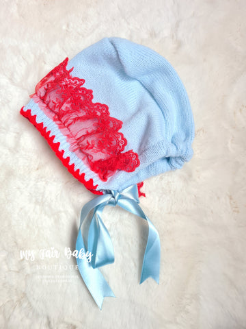 Ela Confeccion Spanish Girls Blue & Red Knitted Bonnet 3y