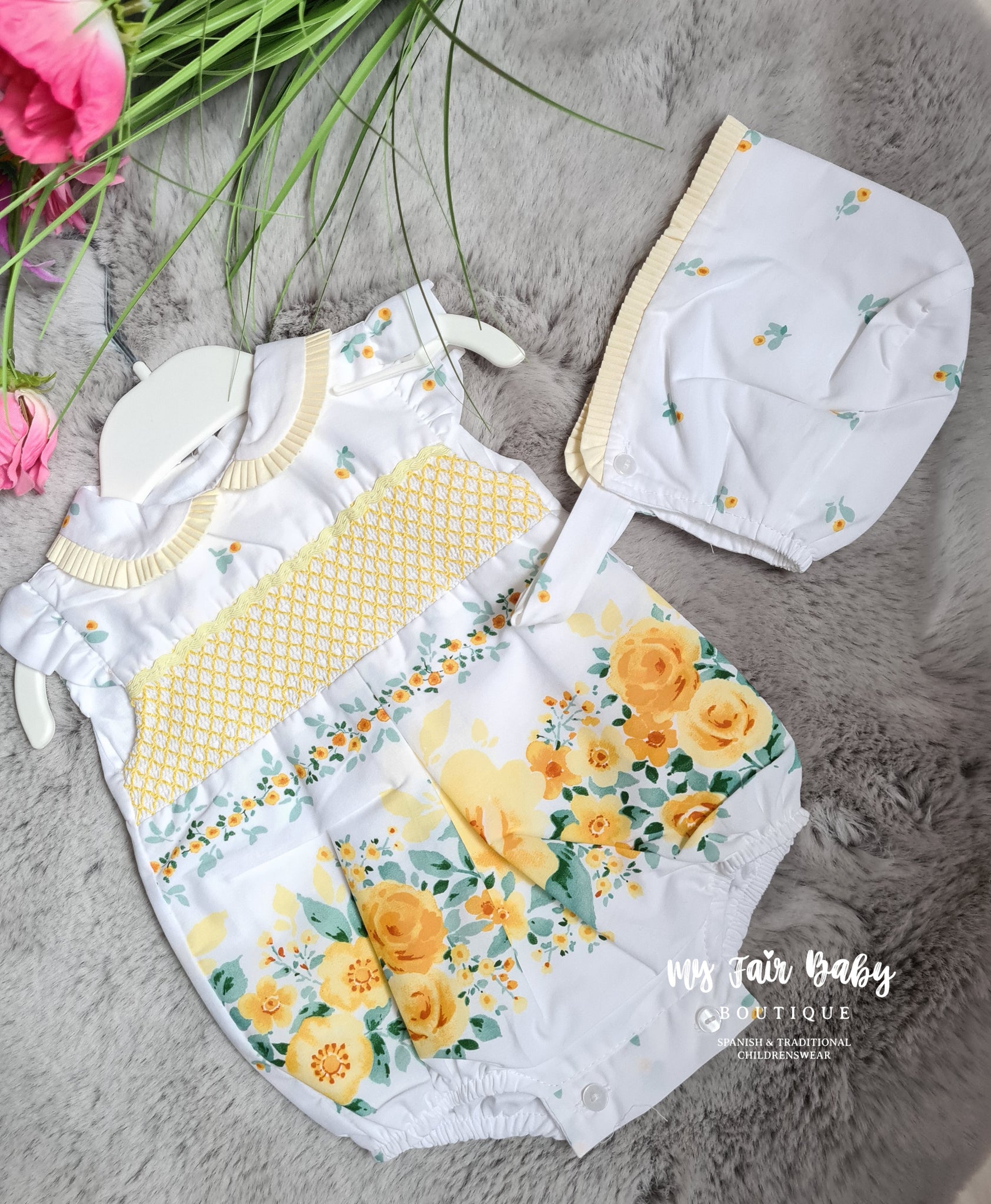 Spanish Baby Girls Smocked Yellow Floral Romper & Bonnet