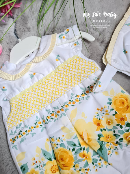 Spanish Baby Girls Smocked Yellow Floral Romper & Bonnet