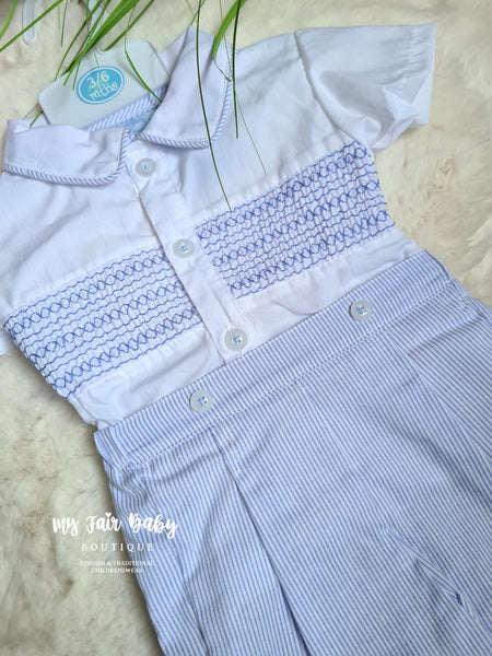 Traditional Baby Boys Blue Pinstriped Smocked Cotton Short Set - 3-9m