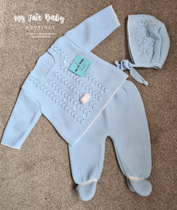 Spanish Baby Boys Blue Pom Pom Knitted 3PC Set - 6m