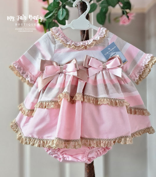 Ceyber Spanish Baby Girls Pink & Gold Striped Dress MC3220 ~ 12,18m