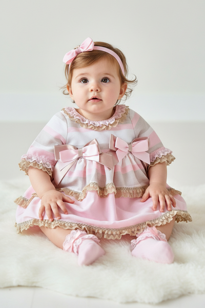 Ceyber Spanish Baby Girls Pink & Gold Striped Dress MC3220 ~ 12,18m