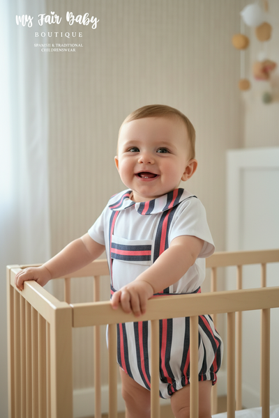 Ceyber Spanish Baby Boys Red & White Striped Summer Romper Set CC5555 ~ 3-24m