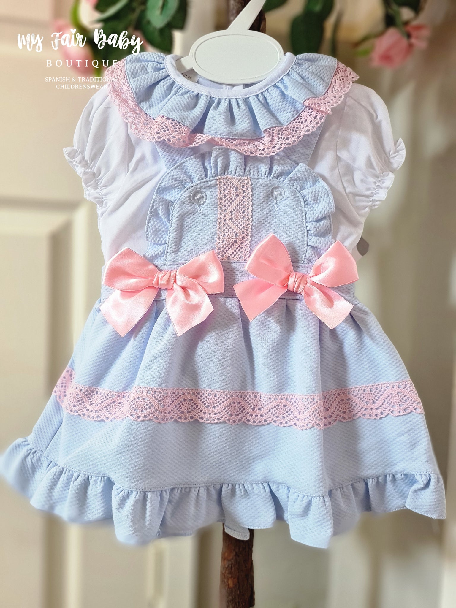 Spanish Baby Girls Blue & Pink Pinafore Dress - 6,24m