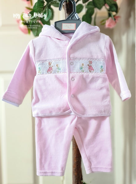 Traditional Baby Girls Pink Peter Rabbit Style Velour 3PC Trouser Set